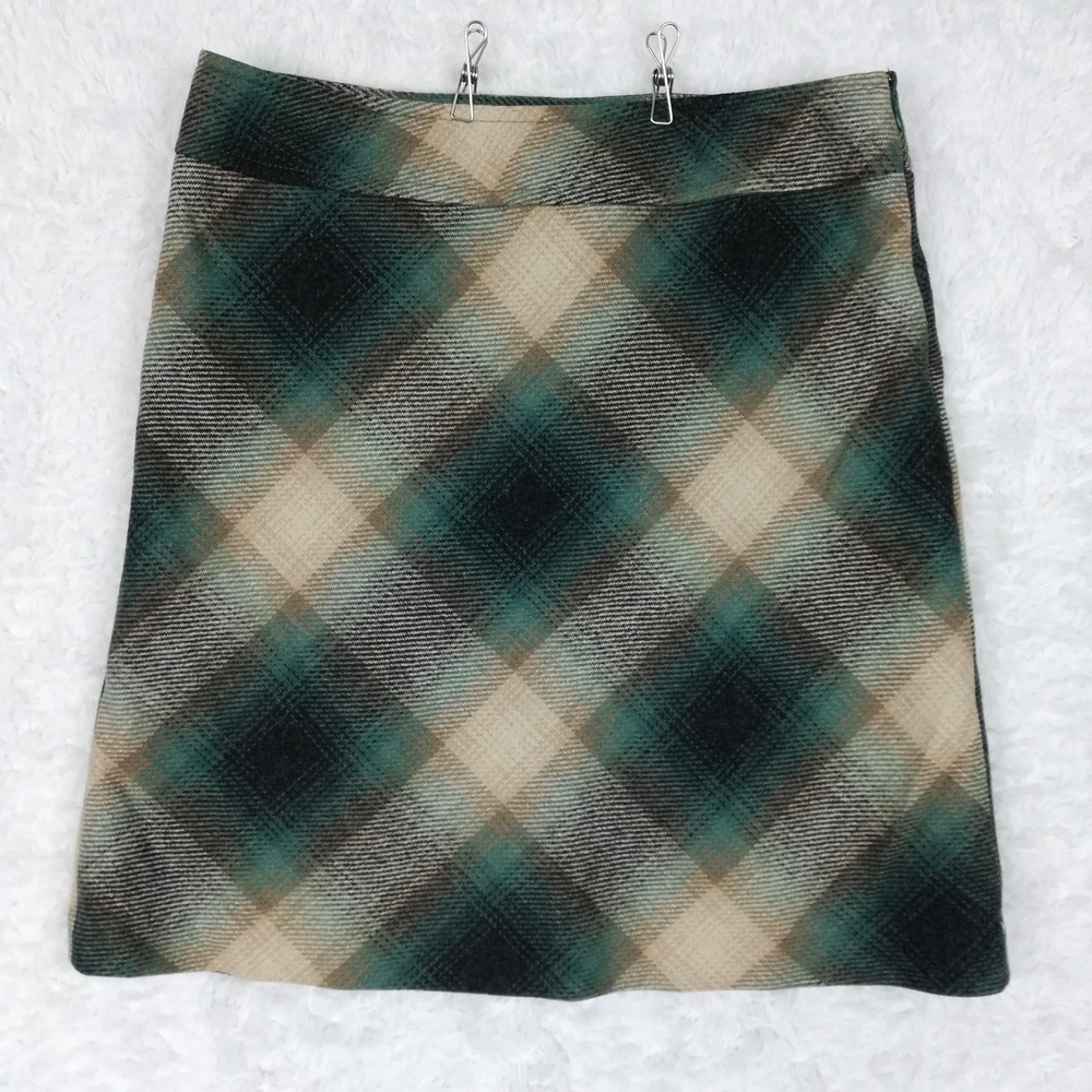 Ann Taylor Loft Womens Skirt Wool Blend A Line Green Black Tan Plaid Knee 12